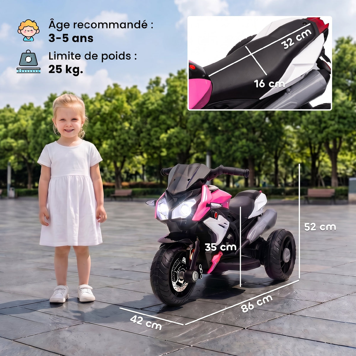 Moto électrique enfants 3 roues 6 V, voiture électrique enfants 3 à 5 ans, effets lumineux et sonores, 86x42x52cm, rose-2