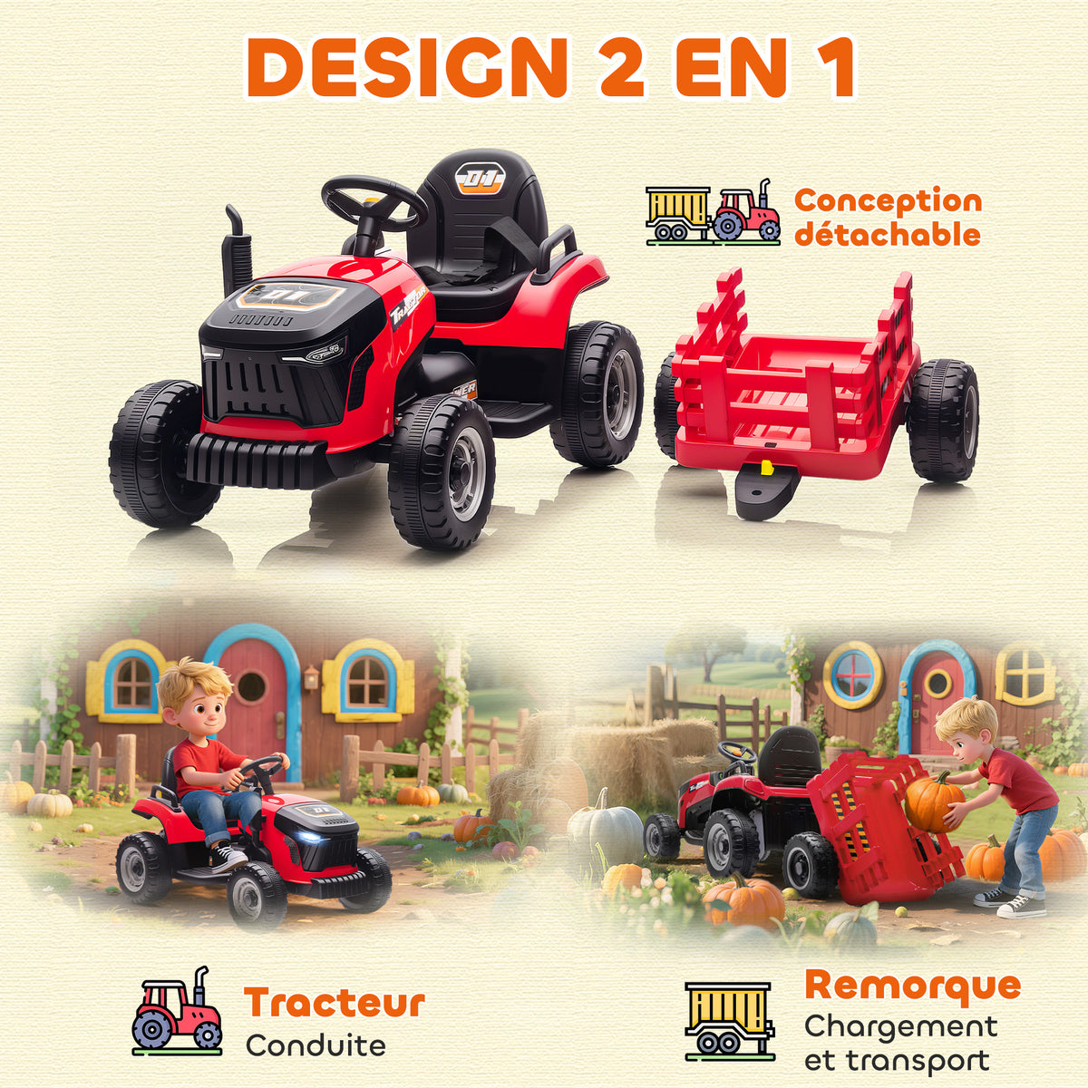 Tracteur électrique enfants avec remorque amovible, voiture électrique enfants, télécommande 2,4G, 139x58x55cm, rouge-4