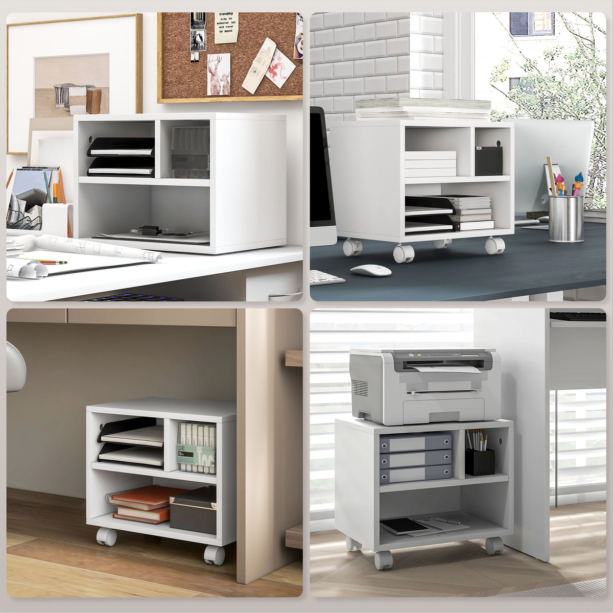 Support d'imprimante meuble de rangement bureau caisson 4 compartiments ouverts 40L x 30l x 36H cm blanc-5