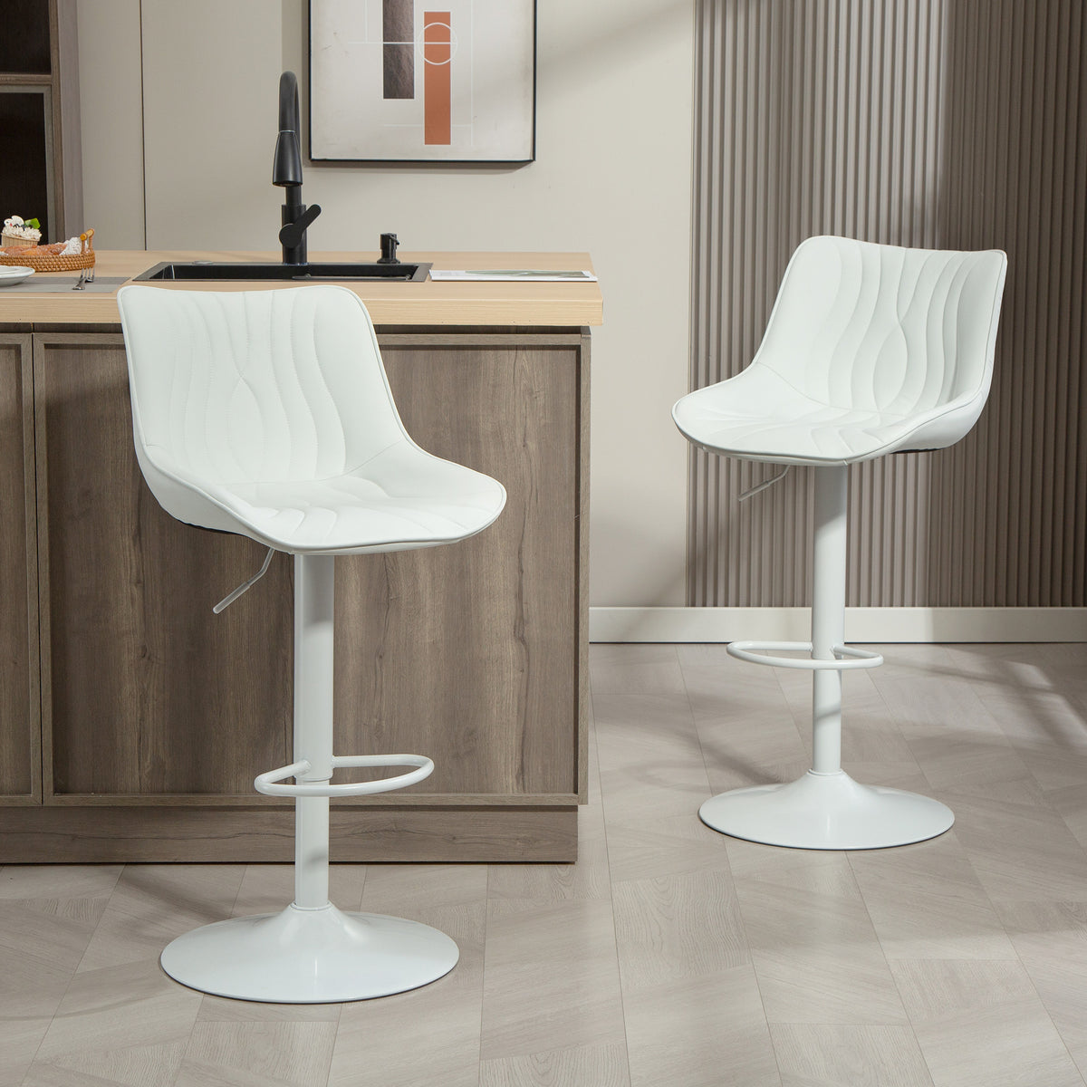 Lot de 2 tabourets de bar, chaises de bar structure en acier hauteur réglable 92-110 cm, dossier repose-pieds blanc-9