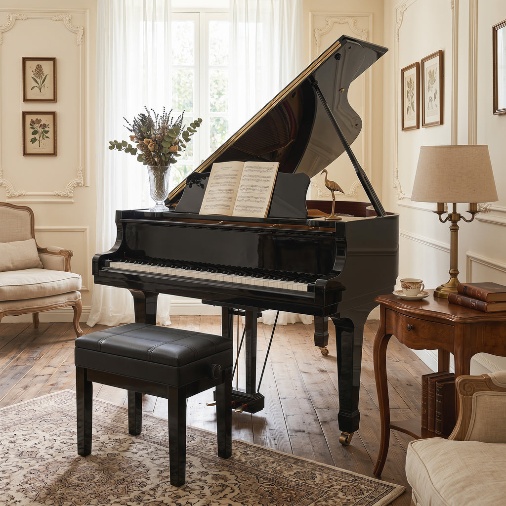Banquette tabouret siège pour piano coffre intégré hauteur réglable bois hévéa assise revêtement synthétique noir-8