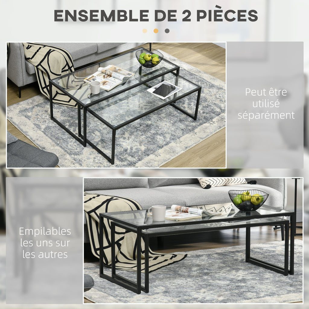 Lot de 2 tables basses gigognes tables de salon rectangulaires design en acier noir et plateaux en verre trempé-3
