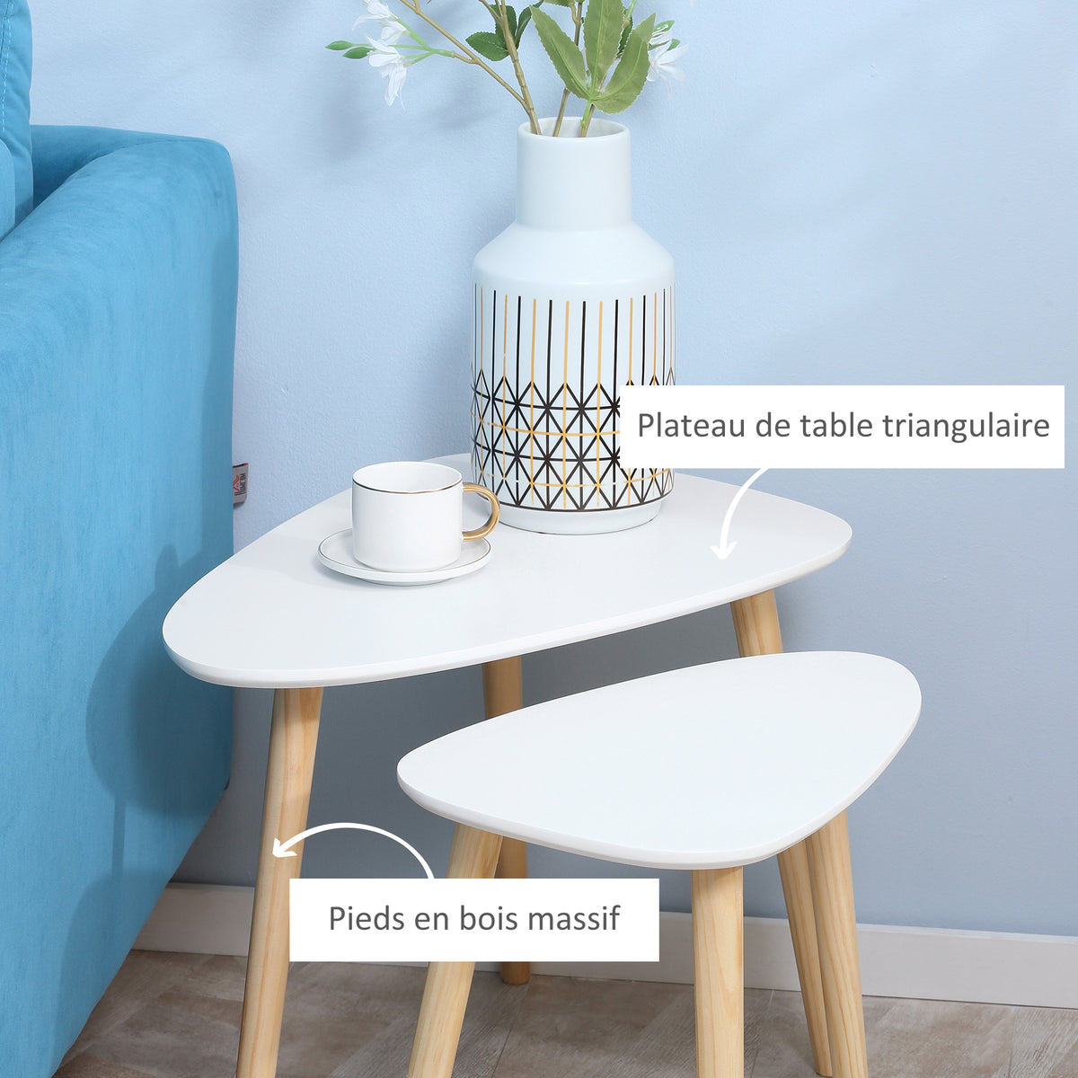 Lot de 2 tables basses gigognes design scandinave pieds en bois et plateau en bois, blanc-4
