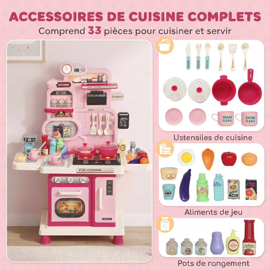 Cuisine pour Enfants Interactive, 33 Accessoires, avec Sons, Lumières, Rangement, 3-6 Ans, 67x25x87cm, Rose-3