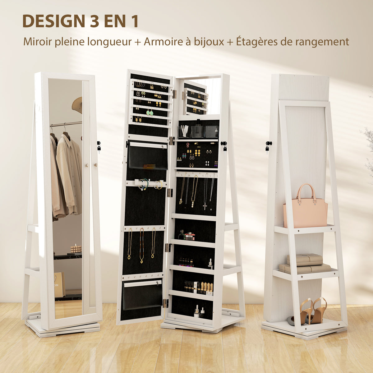 Armoire à Bijoux pivotante verrouillable boîte à bijoux avec Miroir - Armoire Bijoux Multi-Rangement - en Bois Blanc-3