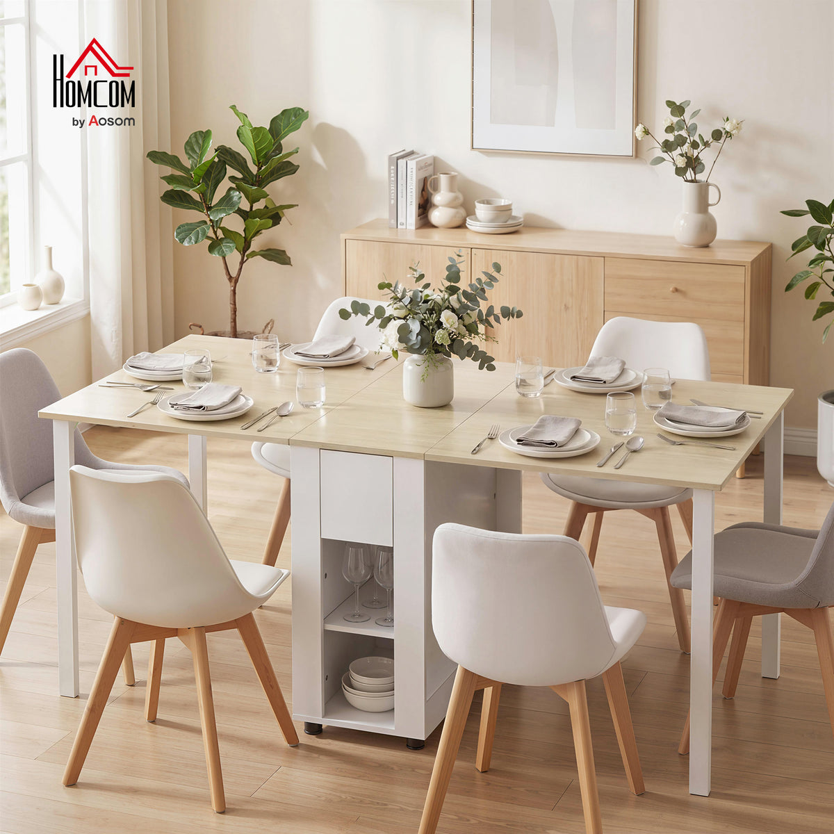 Table à manger pliante pour 6 personnes 39-168 cm, table de cuisine avec 2 tiroirs et 4 étagères ouvertes, blanc-1
