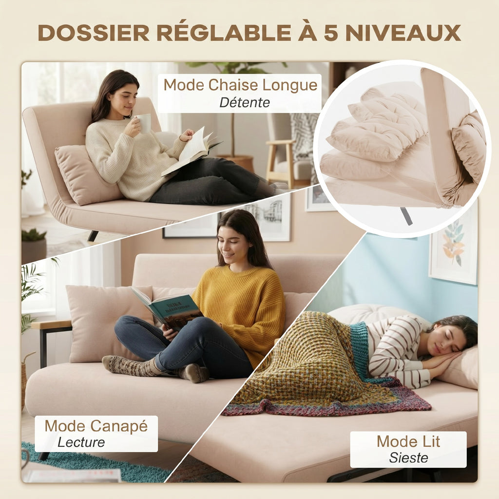 Canapé convertible 2 places avec dossier réglable à 5 niveaux et 2 coussins rembourrés, revêtement effet velours, beige-4