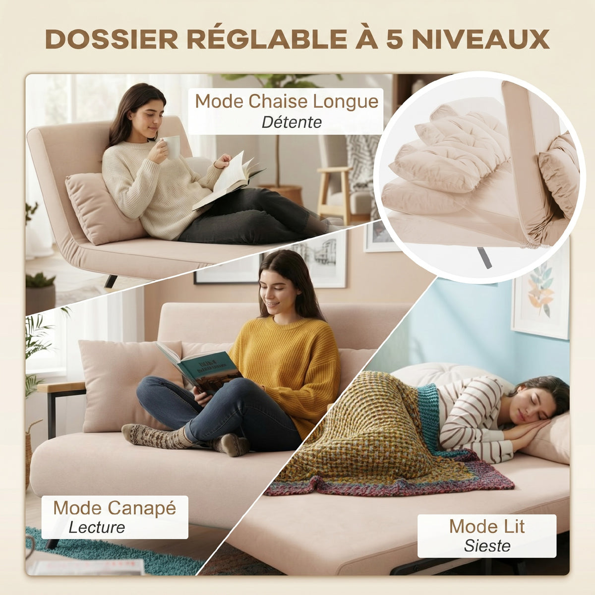 Canapé convertible 2 places avec dossier réglable à 5 niveaux et 2 coussins rembourrés, revêtement effet velours, beige-4