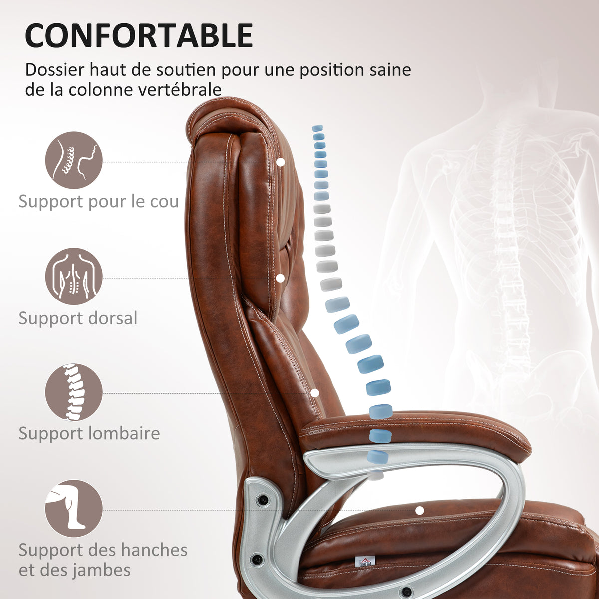 Chaise de bureau fauteuil de bureau avec fonction bascule roulettes pivotantes 360° 66 x 75,5 x 115,5-124,5 cm marron-3