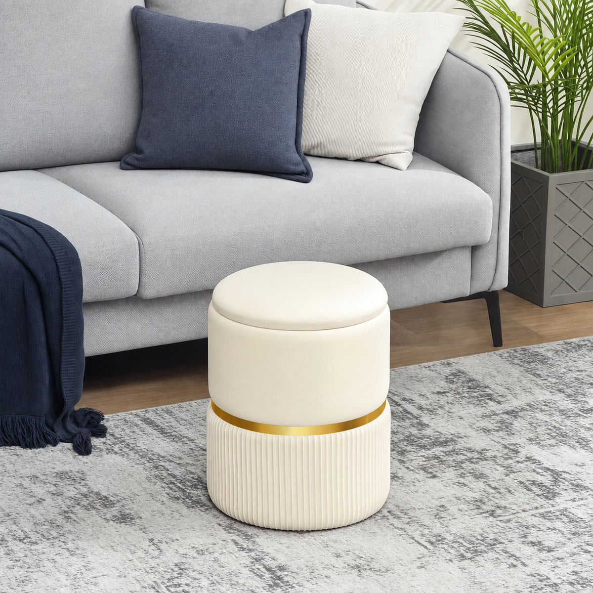 Pouf tabouret repose-pied coffre de rangement en velours côtelé 36 x 36 x 44 cm pour salon chambre beige-1