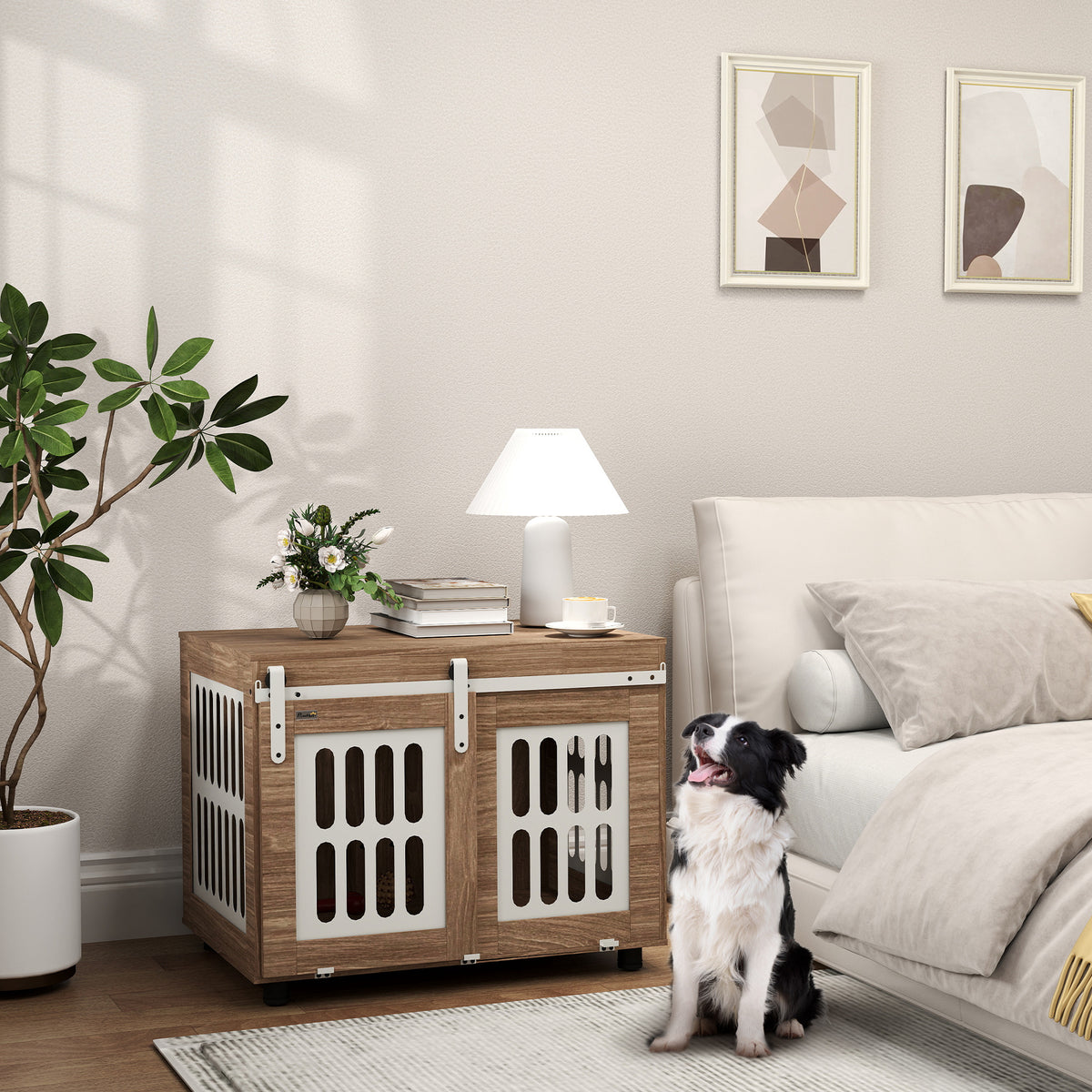 Meuble cage pour chien avec porte coulissante, maison pour chien de moyenne, table d'appoint, 80 x 59 x 63 cm, noyer-9