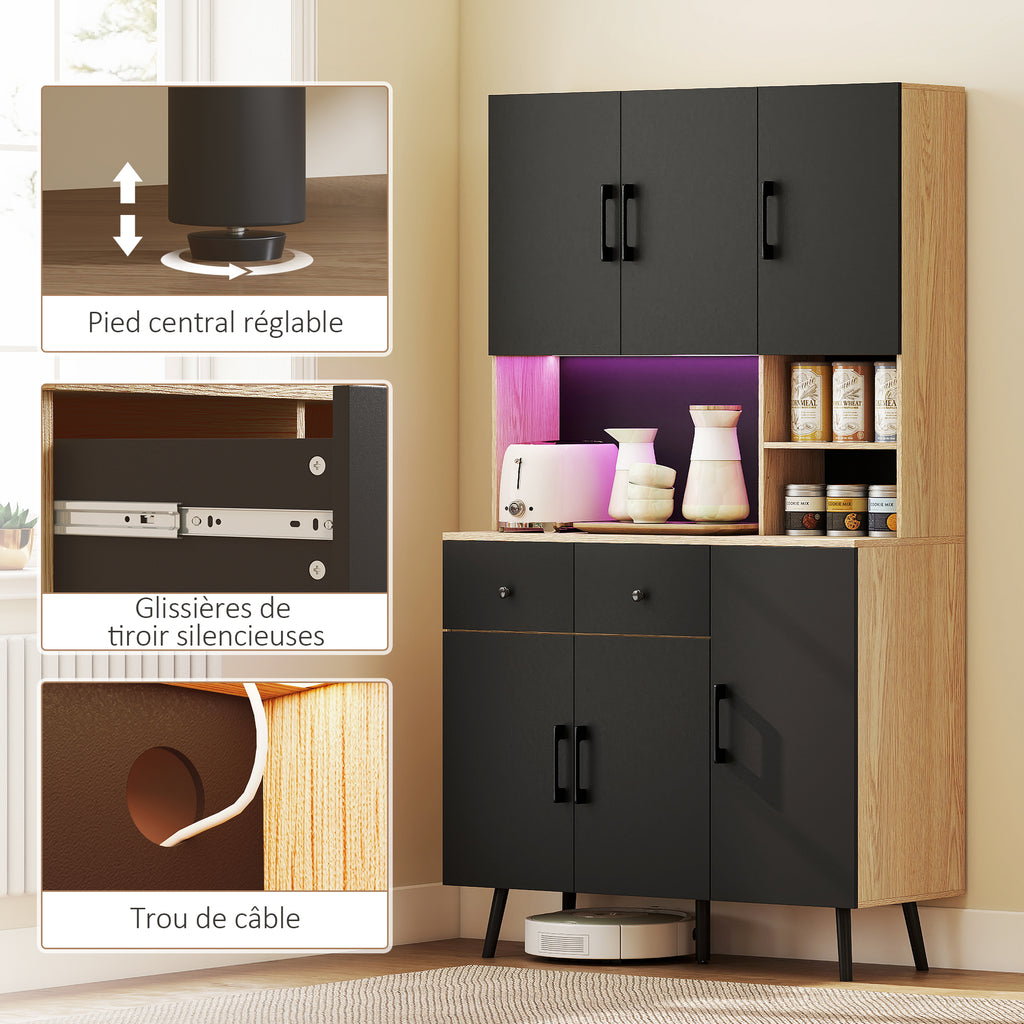 Buffet cuisine meuble cuisine rangement haut avec lumière LED RGB plan de travail 6 portes 2 tiroirs 100x40x176cm noir-7