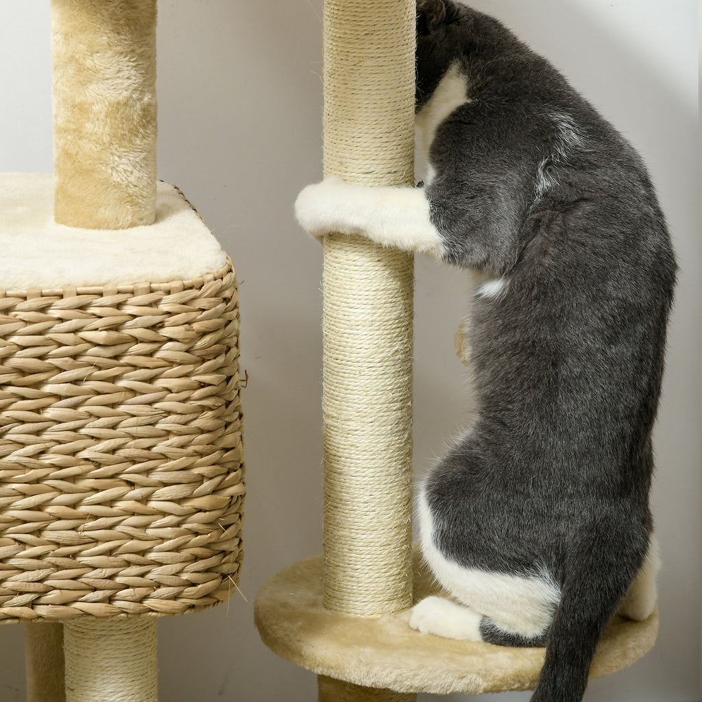 Arbre à chat avec griffoir niche panier d'observation plateformes pompon suspendus 60 x 40 x 98 cm beige-6
