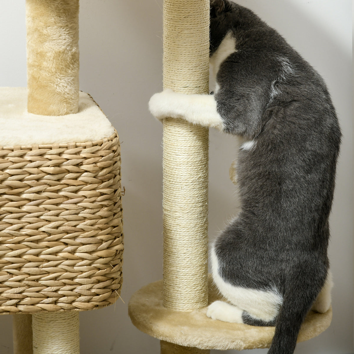 Arbre à chat avec griffoir niche panier d'observation plateformes pompon suspendus 60 x 40 x 98 cm beige-6