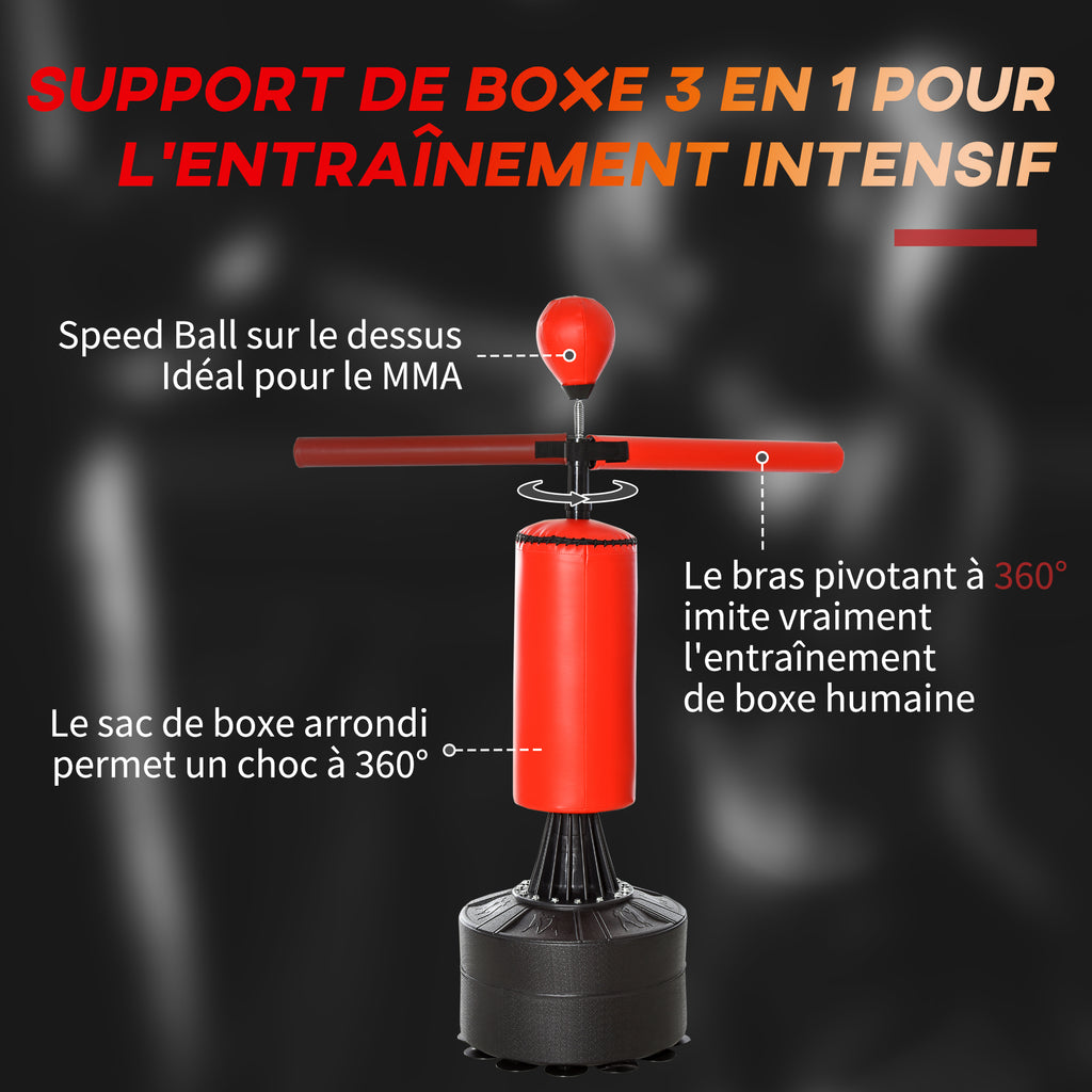 Sac de frappe sur pieds punching ball brunier 3 en 1 avec ballon de vitesse bras flexible rotatif hauteur réglable revêtement synthétique base HDPE dim. 88L x 48l x 155-205H cm noir rouge-3