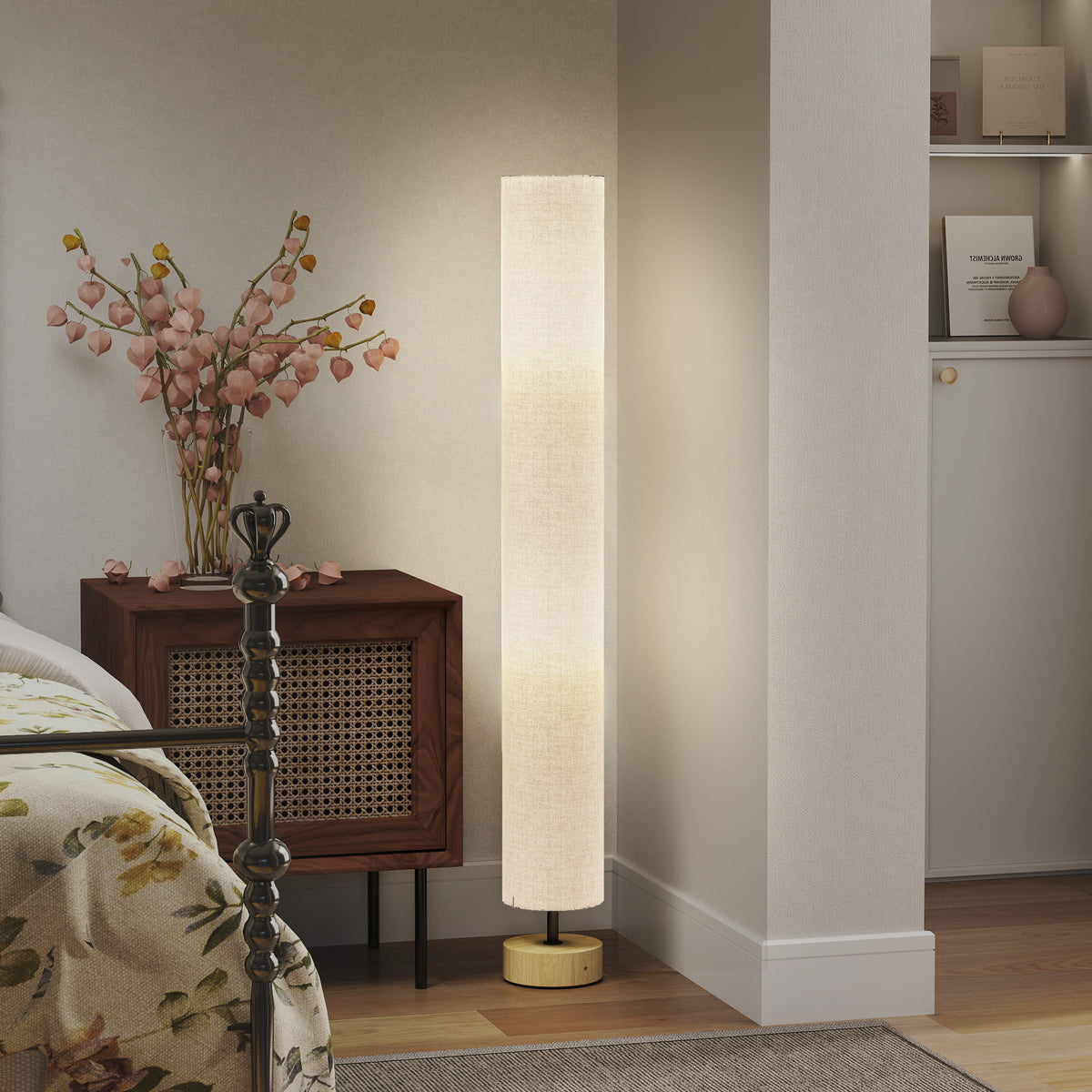 Lampadaire sur pied de salon avec abat-jour en lin, interrupteur à pied, 2 x douille E27, 120 cm, gris-1