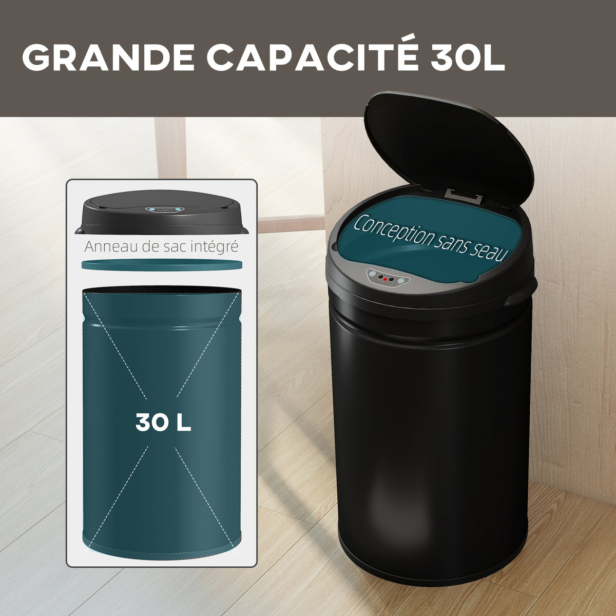 Poubelle cuisine automatique 30L acier inoxydable, poubelle à couvercle à fermeture en douceur, 32x30,5x51cm, noir-4