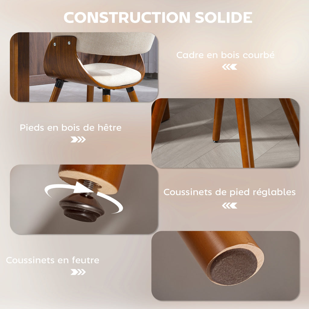 Lot de 2 chaises de salle à manger, chaises de cuisine rembourrées avec dossier incurvé et pieds en bois massif, beige-4