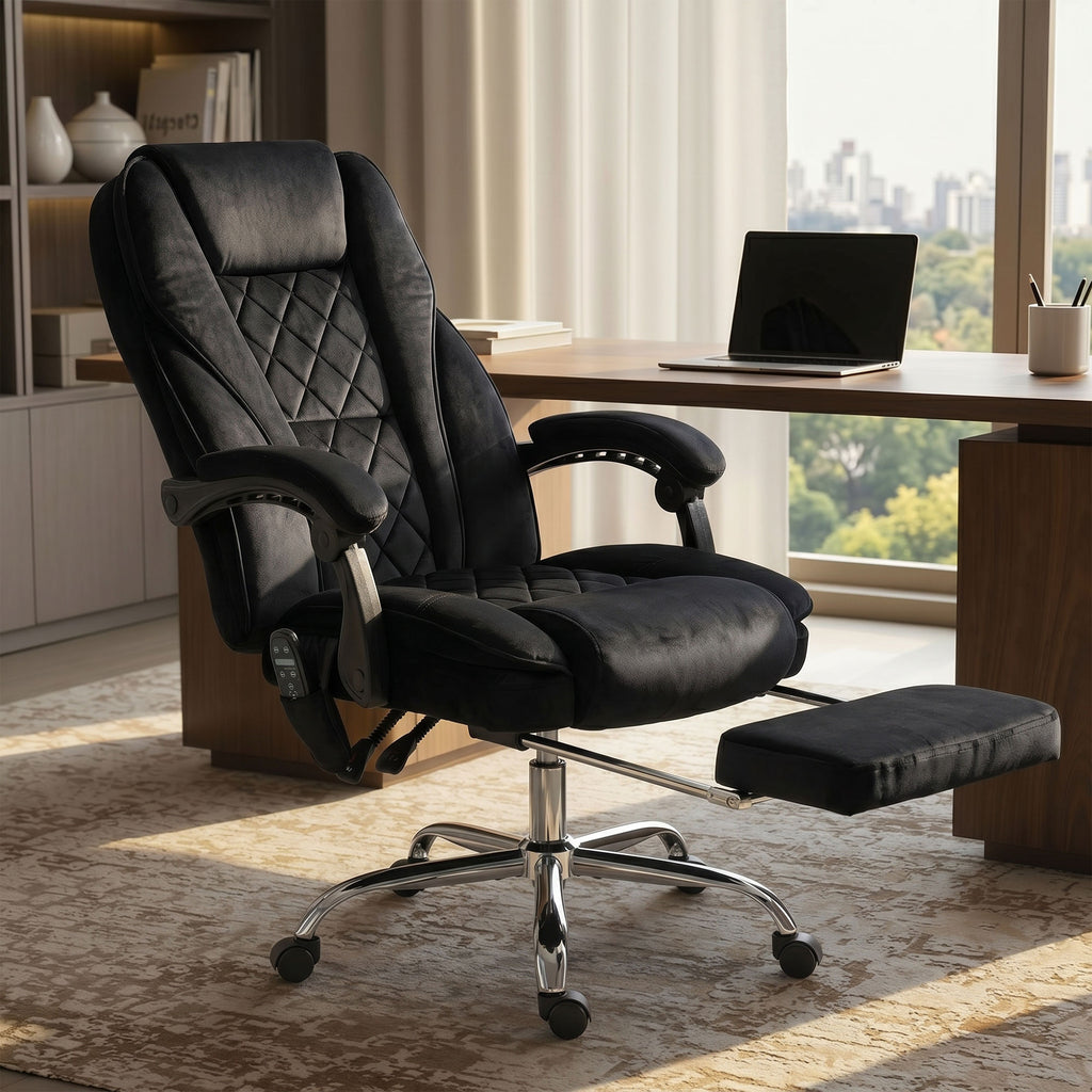 Fauteuil de bureau massant et chauffant hauteur réglable dossier inclinable télécommande repose-pieds rétractable noir-1