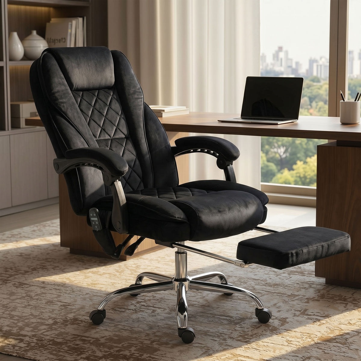 Fauteuil de bureau massant et chauffant hauteur réglable dossier inclinable télécommande repose-pieds rétractable noir-1