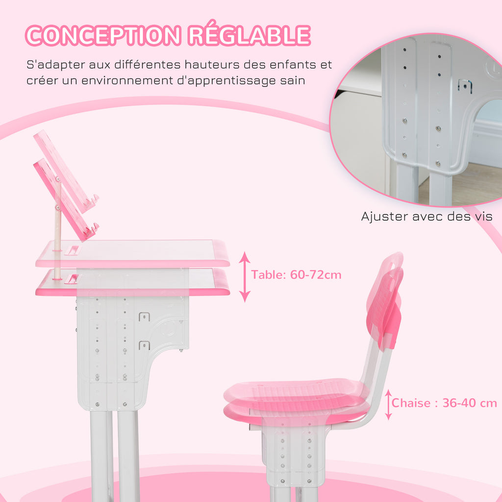 Bureau et chaise pour enfant avec support de lecture casier crochet et porte stylo 60 x 45x 90-102 cm rose-5