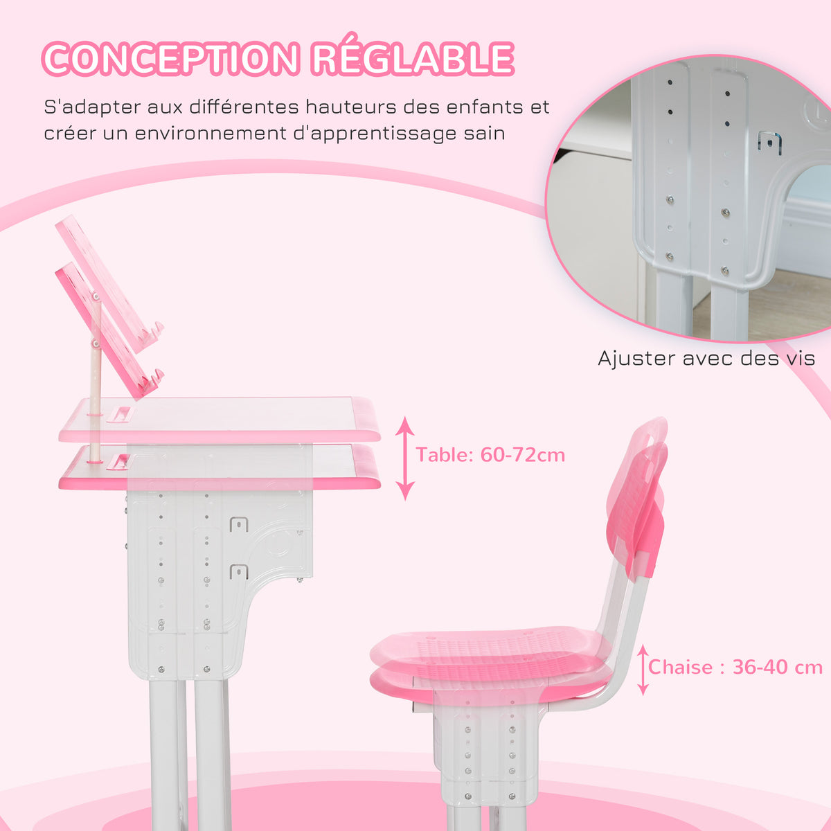 Bureau et chaise pour enfant avec support de lecture casier crochet et porte stylo 60 x 45x 90-102 cm rose-5