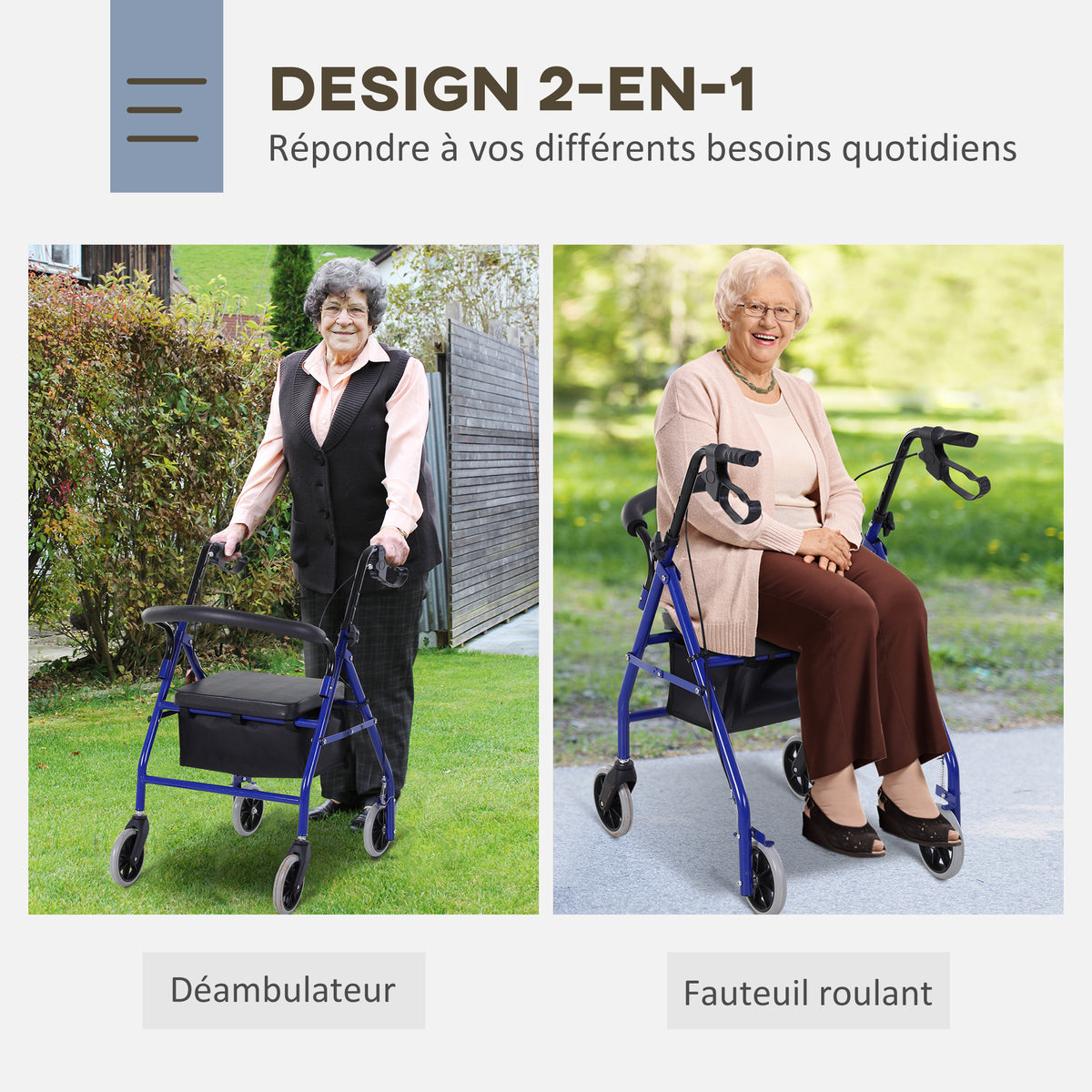 Déambulateur 4 roues - déambulateur pliable léger - assise + dossier rembourré - poignées ergonomiques, freins à main - panier rangement - métal bleu-4