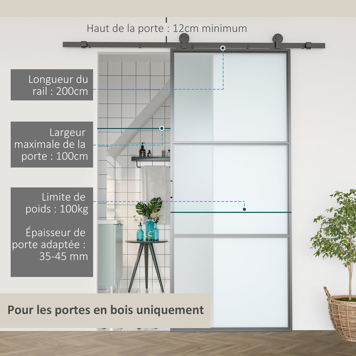 200CM Quincaillerie porte coulissante, rail porte coulissante de 100 cm de large, épaisseur 35-45 mm, charge 100 kg-3
