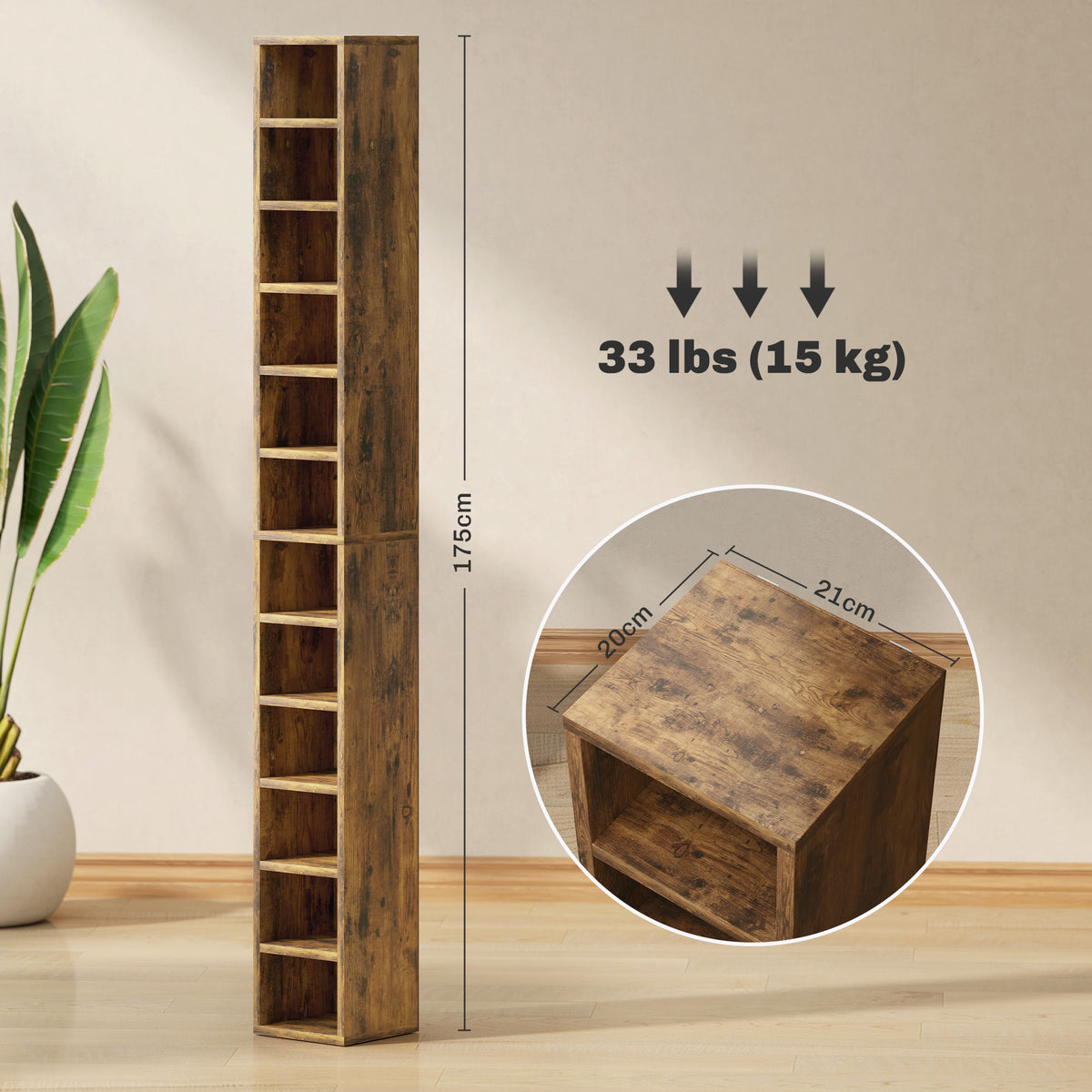 Rangements pour CD et DVD avec 12 compartiments, capacité max. 204 CD, 21 x 20 x 175 cm, brun rustique-2