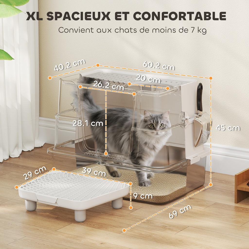 Bac à Litière XL en Acier Inoxydable pour Grand Chat, Couvercle Pivotant 100°, Pelle, 60,2x40,2x44,5cm, Gris Clair-2
