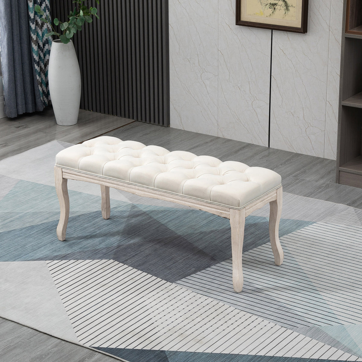 Lot de 2 banc Banquette capitonnée Style Classique 110 cm Bout de lit Rembourrée en lin piètement Bois hévéa sculpté-1