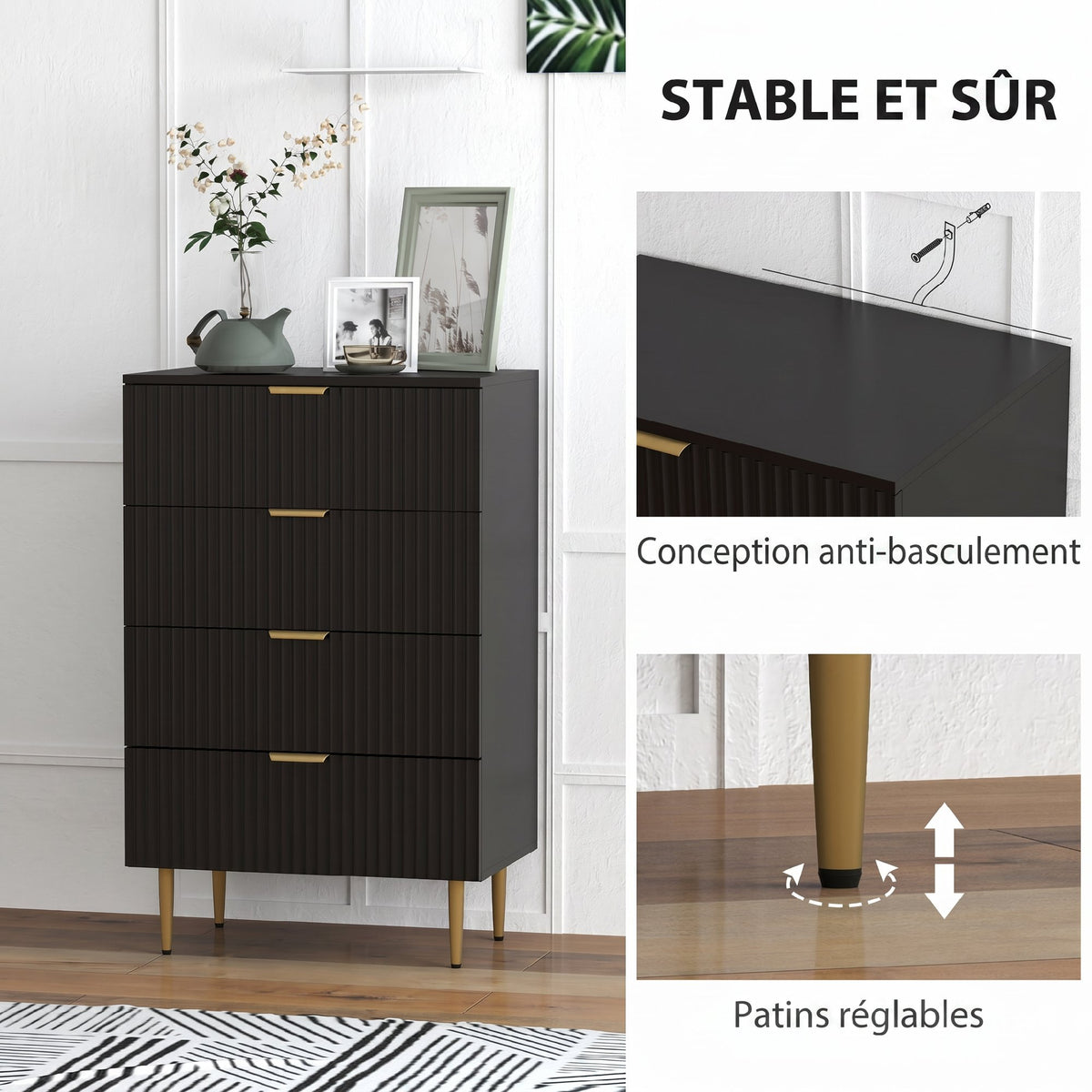 Commode 4 tiroirs commode chambre meuble de rangement moderne avec poignées et pieds dorés, dim. 60 x 40 x 96 cm, noir-5