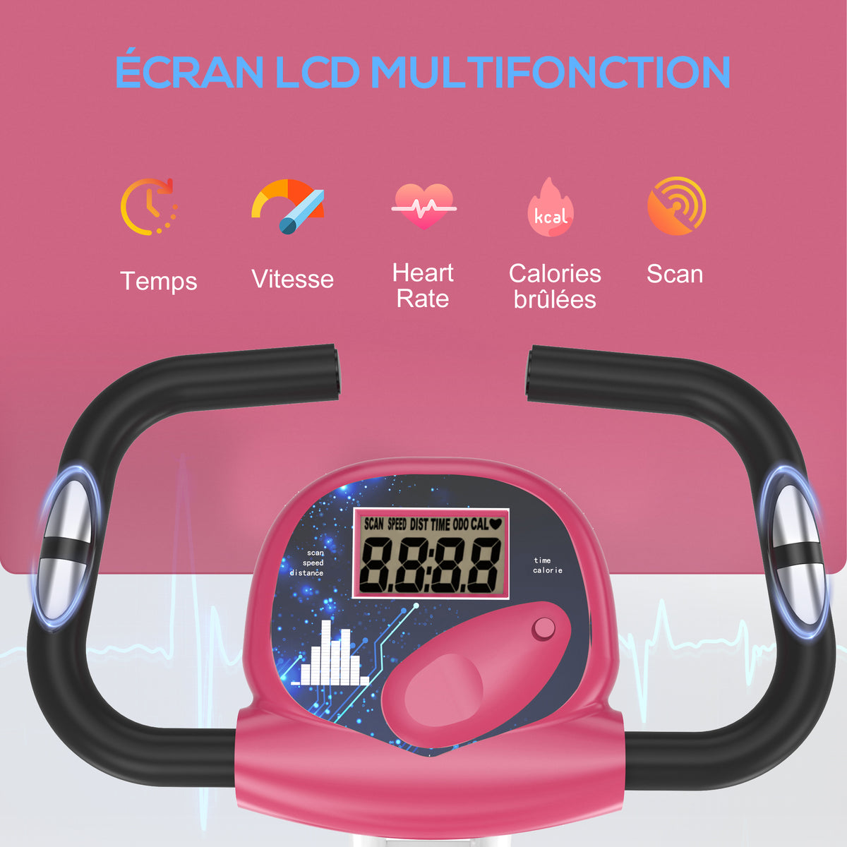 Vélo d'Appartement Pliable Magnétique Cardio-training - Sport Maison avec 8 Niveaux de Résistance et Roulettes - Silencieux Home Trainer avec Capteur de Pouls pour Fitness Homme et Femme, Rose-3