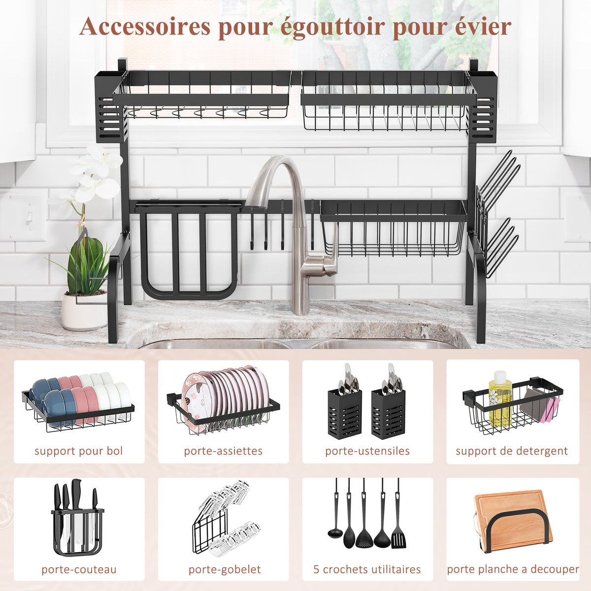 Égouttoir à vaisselle au-dessus de l'évier, séchoir à vaisselle 2 niveaux, modulables en acier 81,5 x 31,5 x 53,5cm noir-4