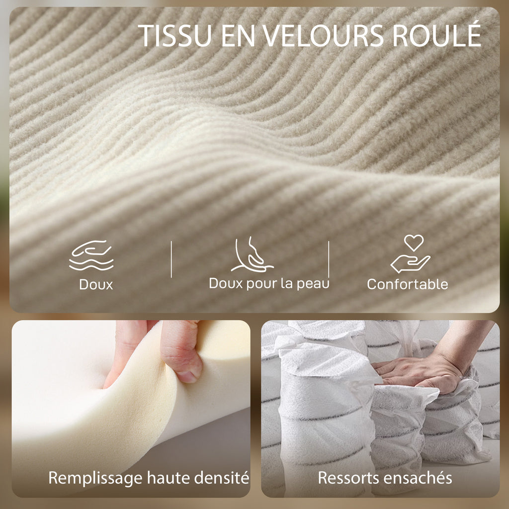 Fauteuil de salon en velours côtelé, canapé 1 place rembourré avec assise large et coussin à ressorts, 83x74x87cm, beige-3