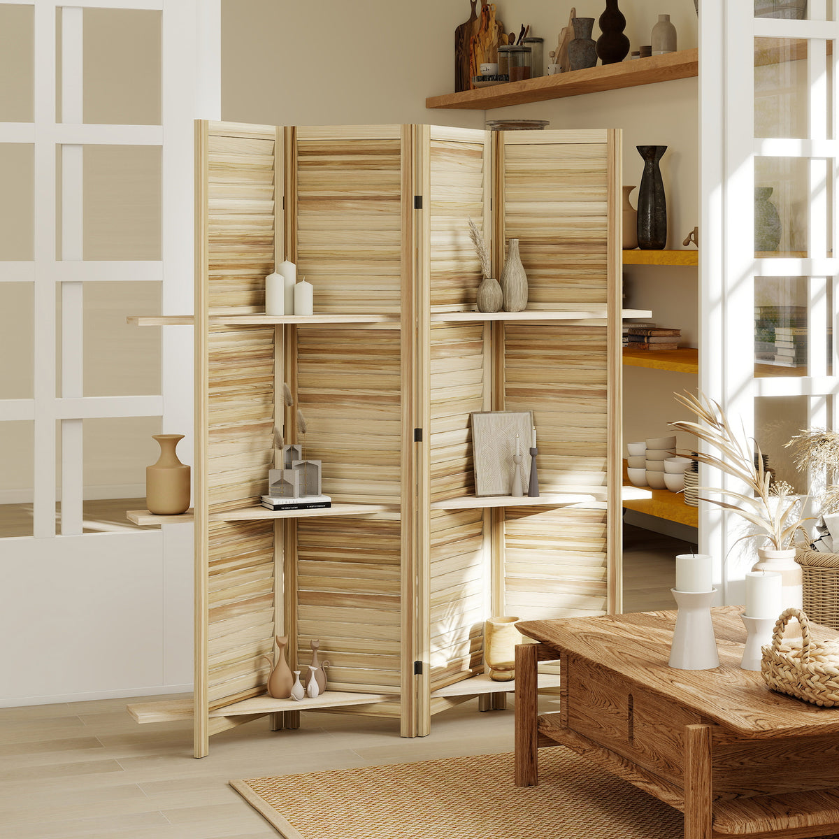 Paravent intérieur en bois 4 panneaux 160 x 170 cm, séparateur de pièce pliable avec 3 étagères, bois naturel-1