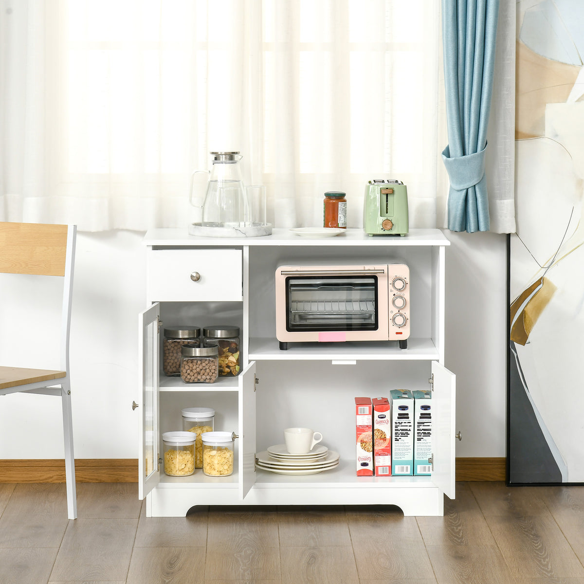 Meuble micro-ondes, buffet cuisine, armoire de rangement, pour cuisine, salle à Manger 90 x 40 x 82 cm verre trempé et bois, blanc-1