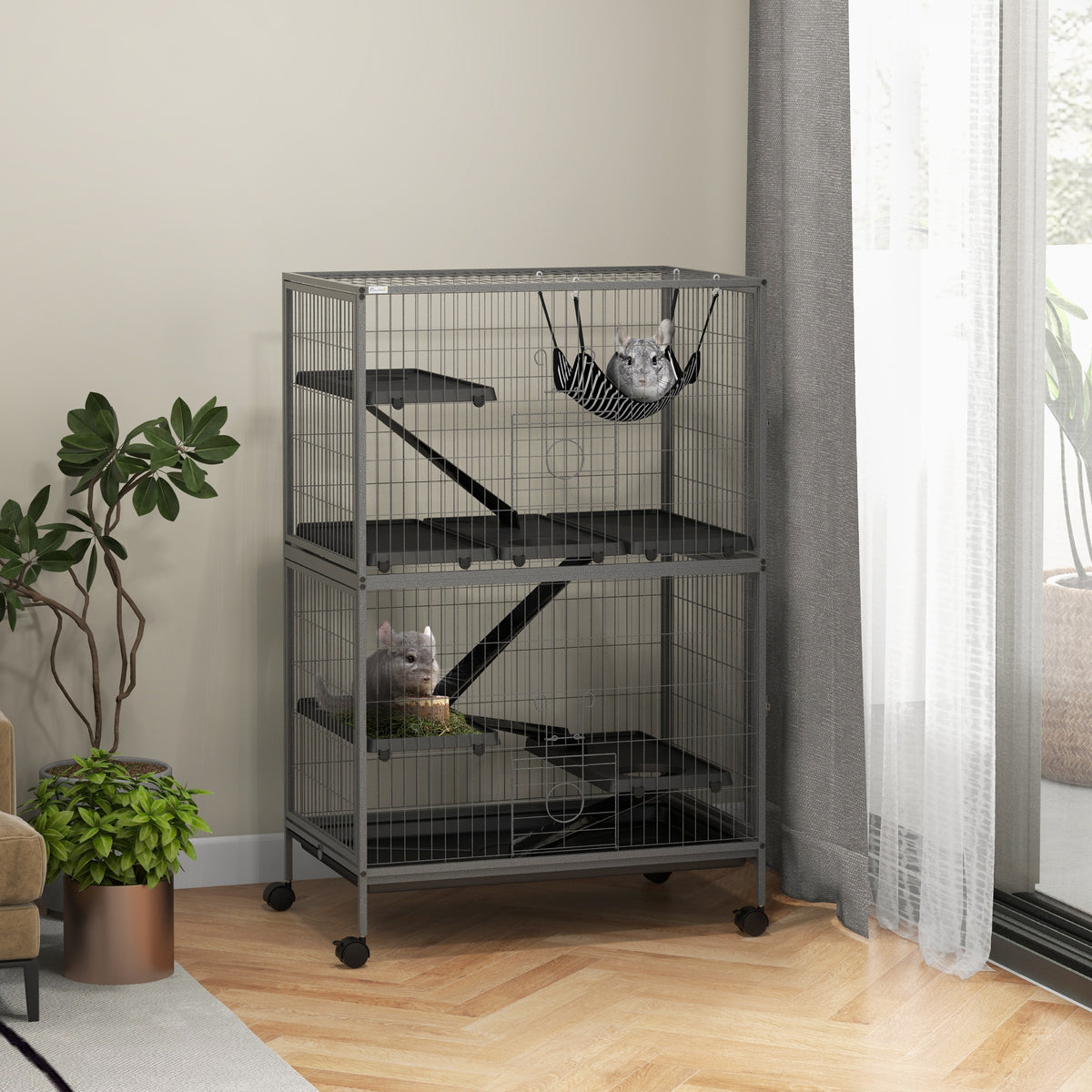 Cage pour rongeurs Multifonction 4 Plateformes 3 rampes 4 Portes dim. 80L x 52l x 128H cm acier Gris argenté Noir-1
