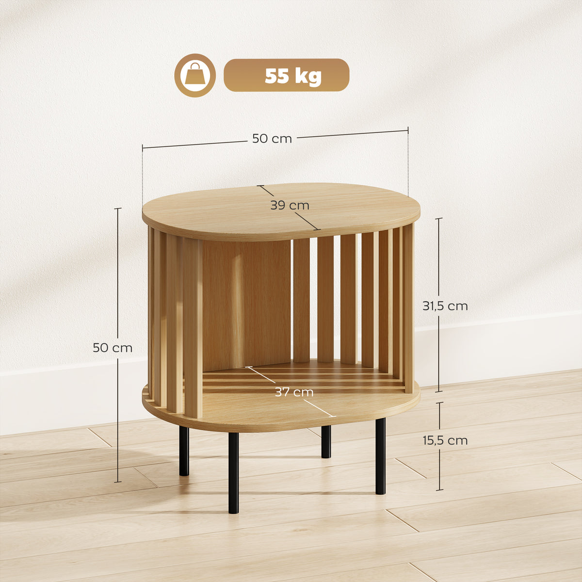 Table d'appoint ovale bout de canapé rangement ouvert pieds en acier design à lattes 50x39x50cm effet bois naturel-2