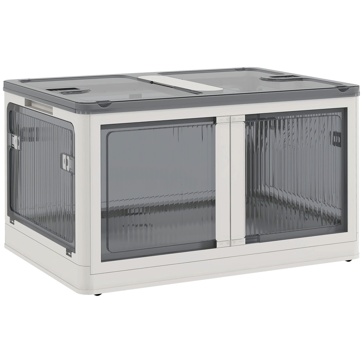 Boîte de rangement pliable et empilable 99L en plastique avec couvercle et 4 roulettes, accès à 5 côtés, blanc-0