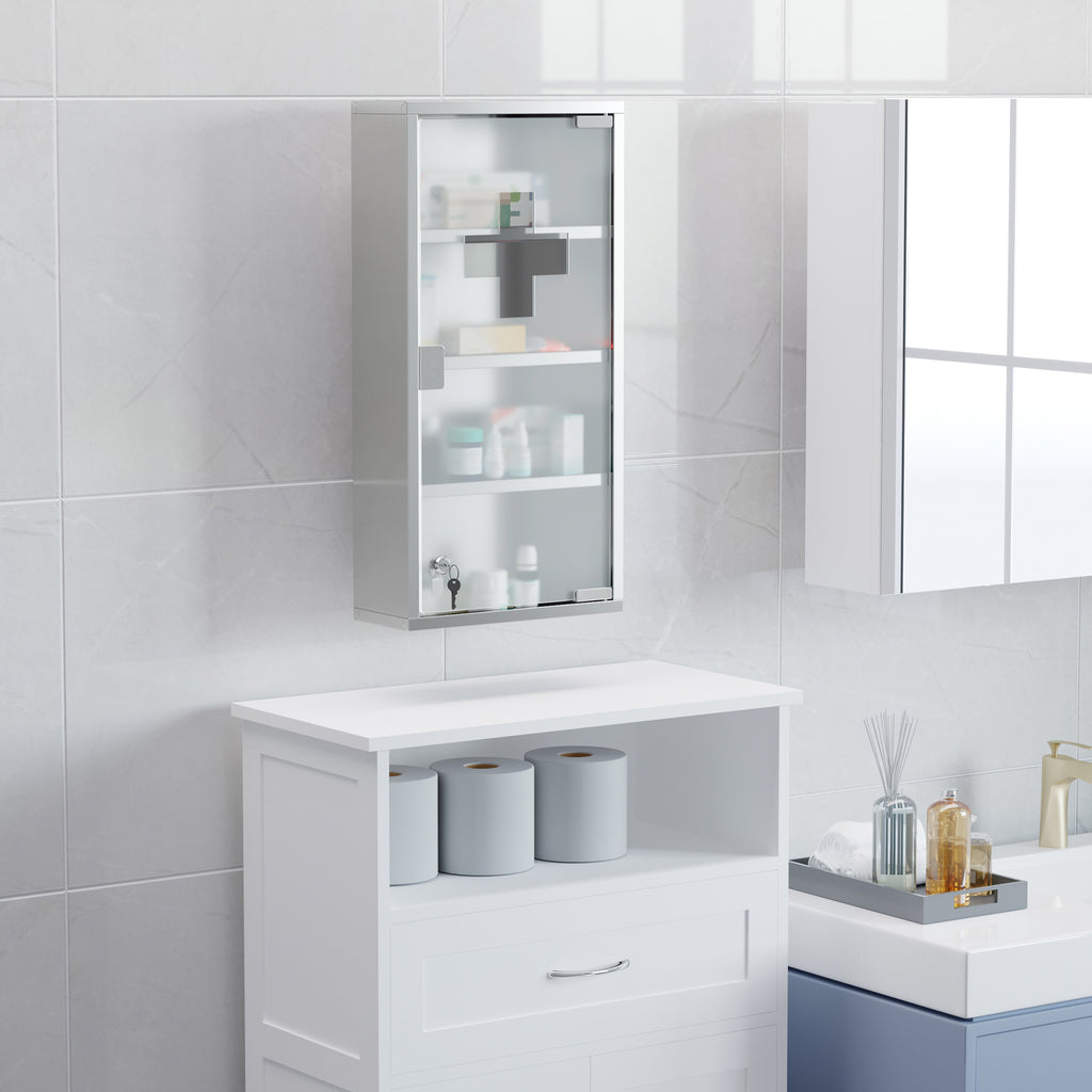 Armoire à Pharmacie 3 étagères 4 Niveaux 30L x 12l x 60H cm Porte Verre trempé Symbole Croix Acier Inoxydable brossé-7