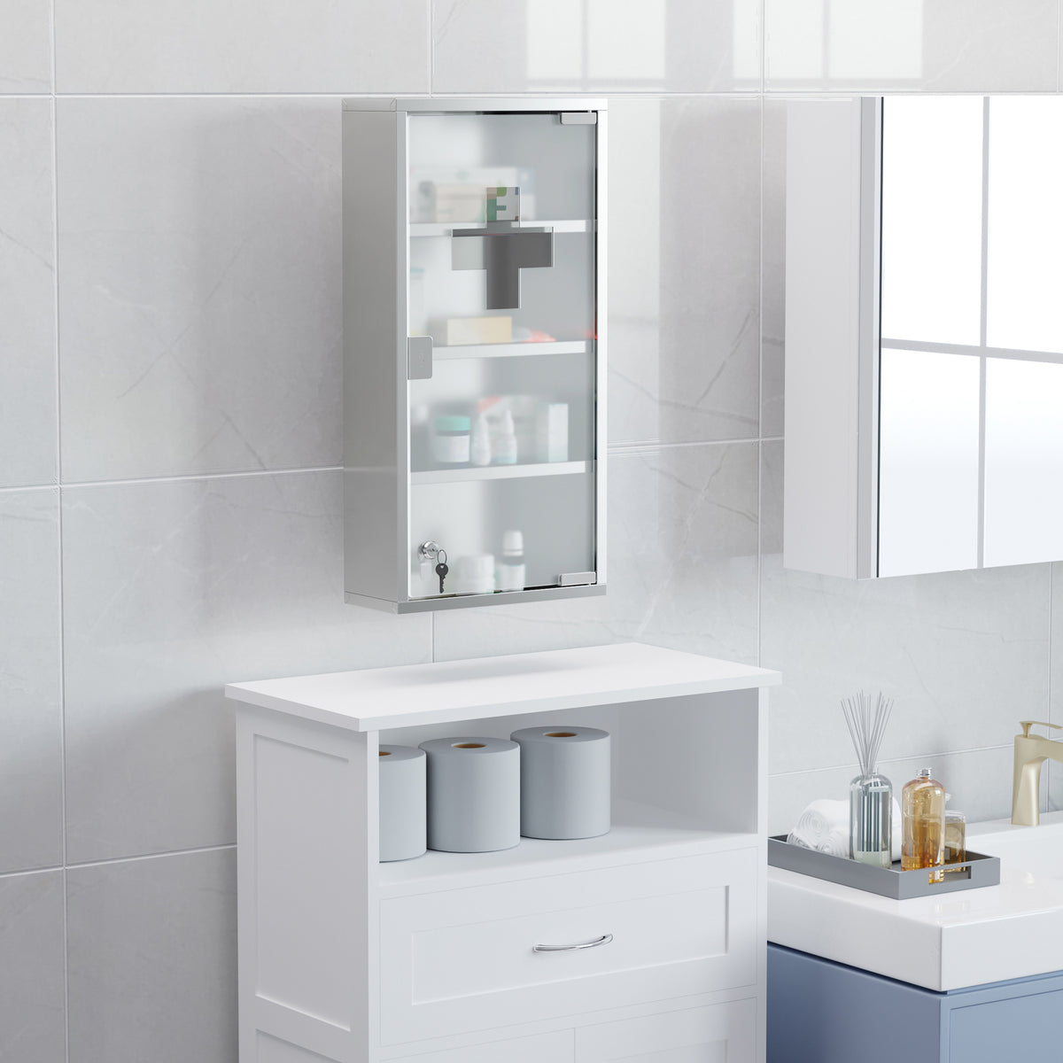 Armoire à Pharmacie 3 étagères 4 Niveaux 30L x 12l x 60H cm Porte Verre trempé Symbole Croix Acier Inoxydable brossé-7