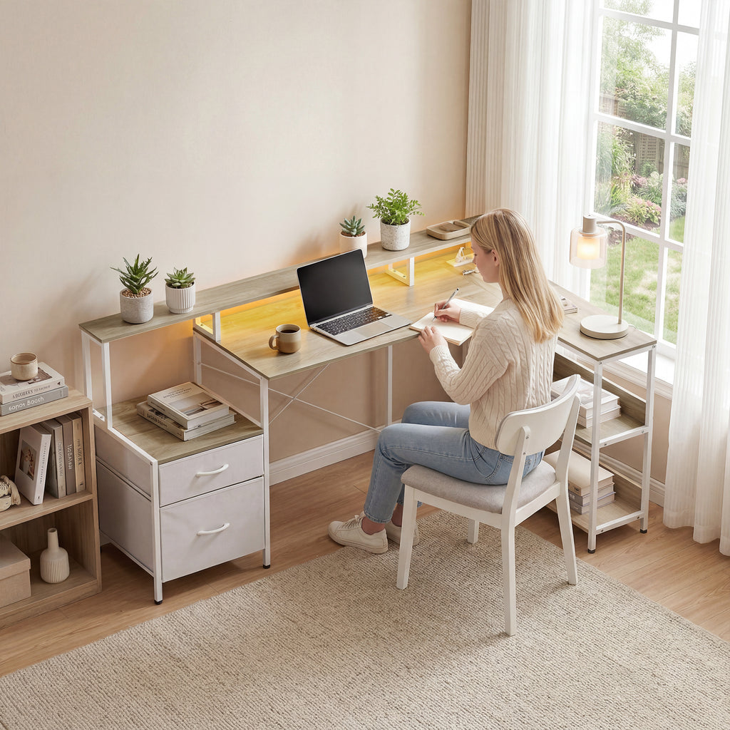 Bureau d'angle avec prises et lumières LED RGB, bureau d'ordinateur, 172 x 100 cm, support d'écran, 2 tiroirs, blanc-8