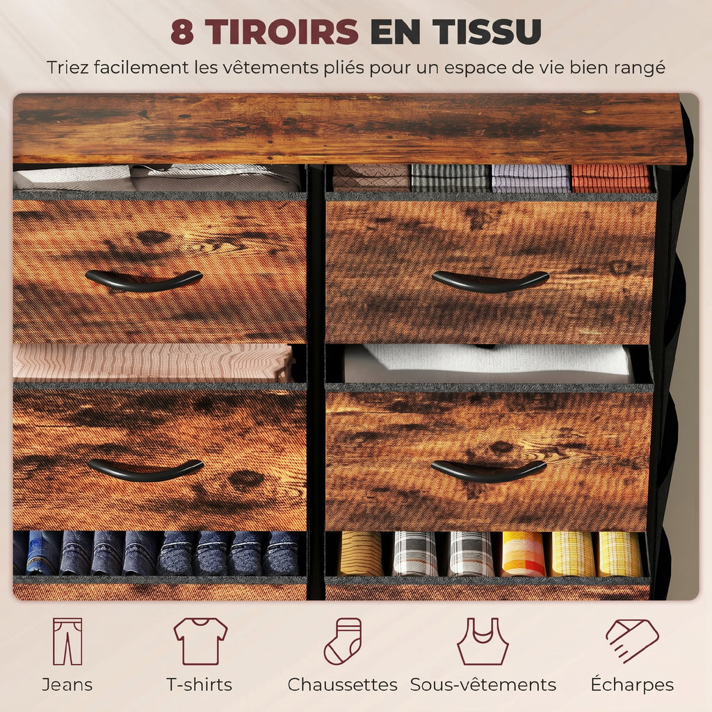 Commode 8 tiroirs en tissu, meuble de rangement, 4 poches, 2 crochets, structure en acier, 86x30x94,5cm, brun rustique-3