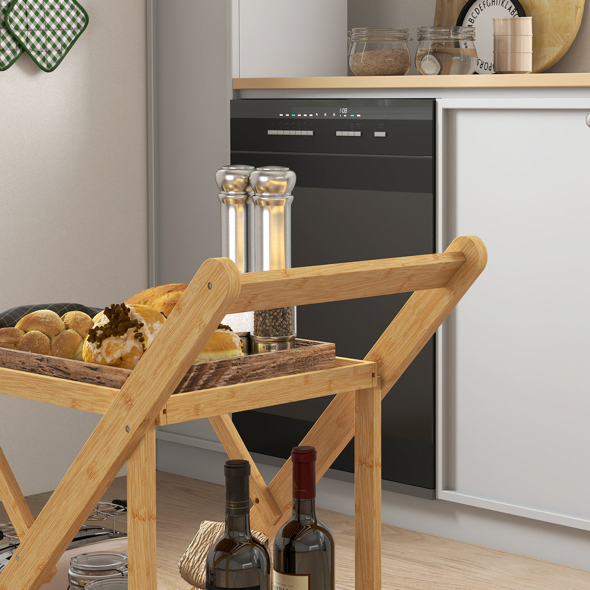 Desserte de cuisine en bambou chariot de service pliable 2 plateaux 4 roues 3 casiers à vin 66 x 40 x 70 cm bois naturel-8