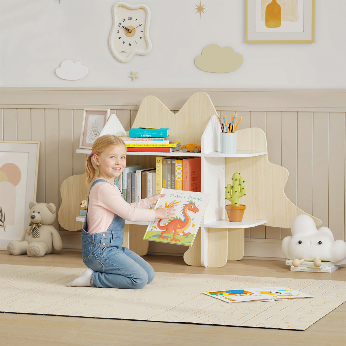 Bibliothèque enfant meuble de rangement pour jouets et livres 6 compartiments 120x28x72,2cm bois naturel-1