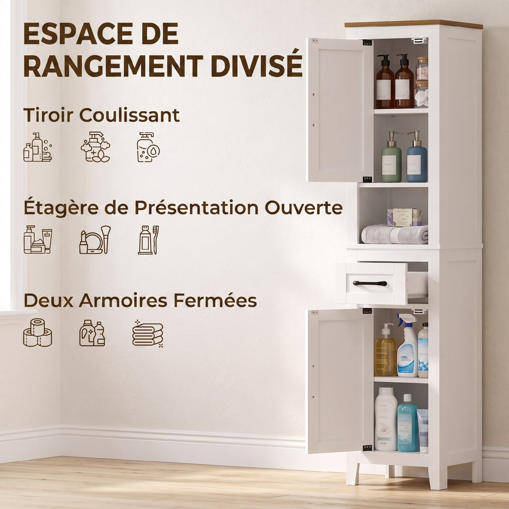 Meuble de salle de bain, meuble de rangement, 2 portes, tiroir, compartiment ouvert et étagères réglables, blanc-3