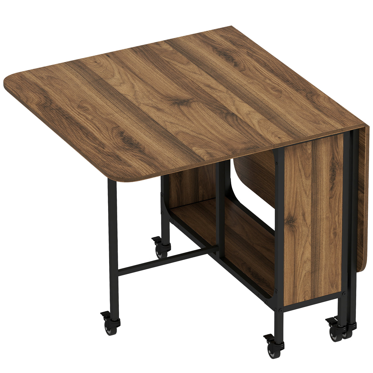 Table à manger pliante sur roulettes, table de cuisine pour 6 personnes avec étagère intégrée, 130 x 80 x 74 cm, marron-0