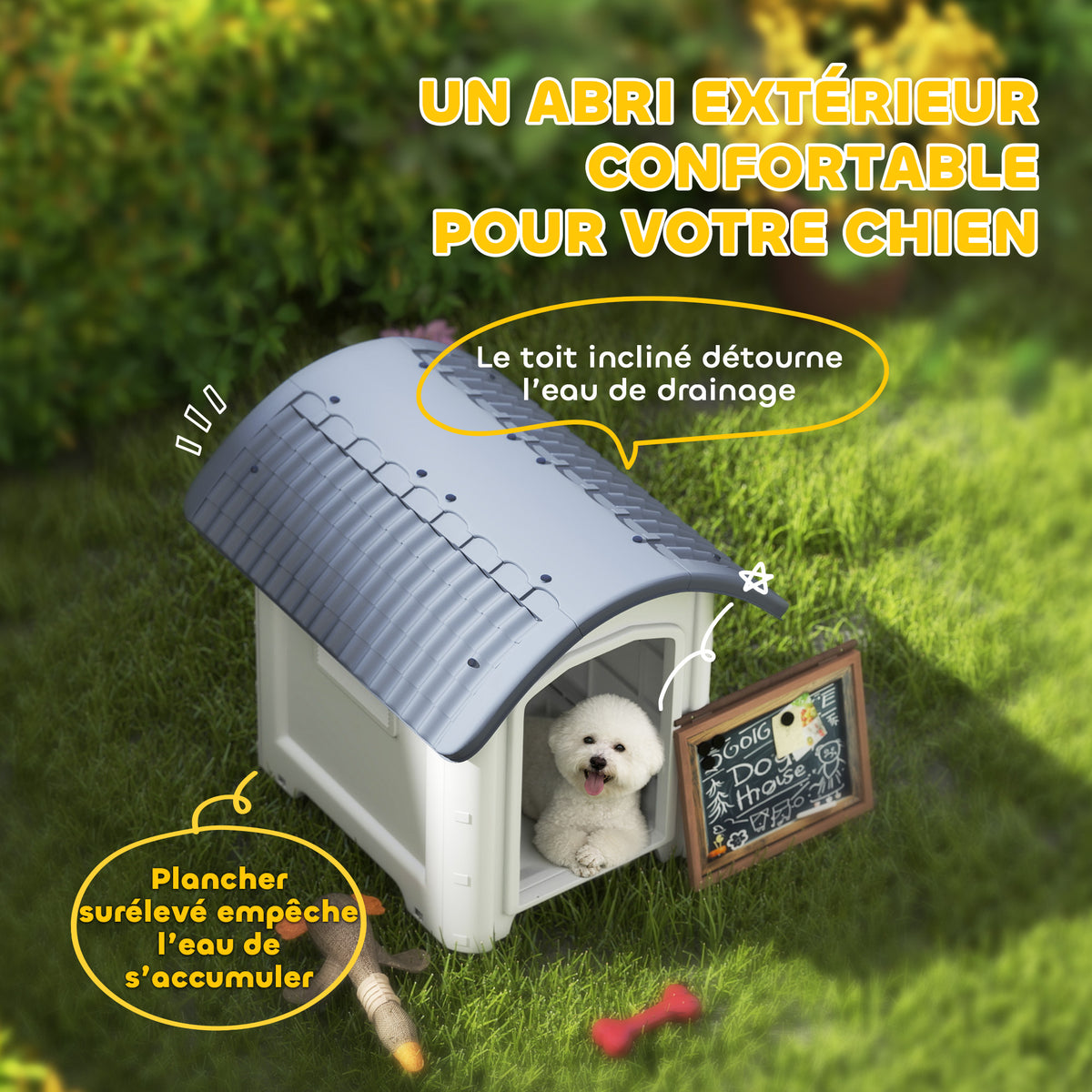 Niche pour Chien Extérieur, Maison pour Chien en Plastique avec Sol Surélevé et Amovible, Toit Imperméable, Gris-3