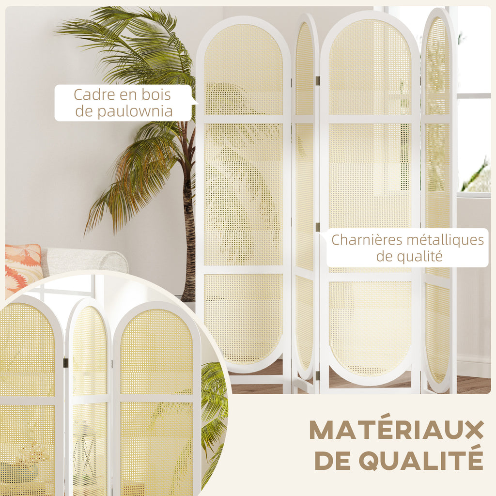 Paravent interieur en bois 4 panneaux 170 x 160 cm pliable et portable, motif tissé à la main, blanc-5